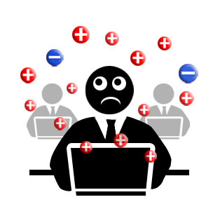 Man with computer surrounded by negative ions